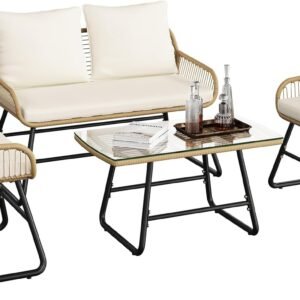 Yaheetech 4 Piece Patio Furniture Set, Outdoor Wicker Conversation Sets, Boho Loveseat & 2 Armchairs with Cushion and Pillow, Glass Top Table for Backyard, Porch, Balcony, Deck – Tan/Cream
