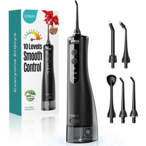 COSLUS E40 Portable Water Flosser for Teeth: 10 Pressure Settings Professional Water Dental Pick for Orthodontic, Braces & Sensitive Gums – Cordless for Travel Use, for Adults Teens, BPA-Free