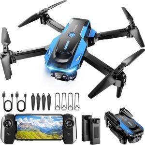 Drone with 1080P Camera – Foldable Remote Control Quadcopter with Gesture Control, 3D Flip, One Key Start, Emergency Stop, 2 Batteries, Easier to use, Toy for Adult Beginners, Black&Blue