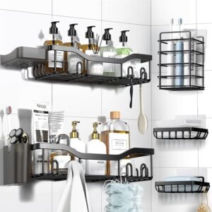 NESOMI Shower Caddy Adhesive Shower Organizer 7-Pack, Rustproof Stainless Steel Bathroom Shelves, Large Capacity No-Drill Rack Storage Accessories with Soap Dish Toothbrush Holder &24 Hooks Home Decor