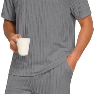 PrinStory Mens Pajamas Set Summer Pjs Sets Lightweight Short Sleeve Pajama Shorts Set Soft Sleepwear Loungewear with Pockets