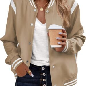 Zeagoo Bomber Jacket Women Varsity Casual Button Down Lightweight 2026 Spring Fashion Short School Outfits with Pockets