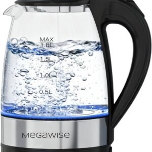 MEGAWISE 1.8L Healthy Electric Kettle, 1800W Borosilicate Glass Tea Kettle with Food Grade Material, Auto Shut-Off and Boil-Dry Protection Cordless Kettle Fast Boiling, BPA Free