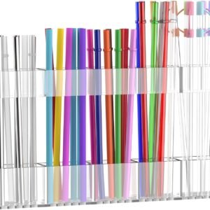 9.5” Large Acrylic Straw Holder for Cabinet Door, Reusable Adjustable Two-Part Straws Organizer with Ultra Sticky Adhesive Strips, 2026 Straw Storage for Kitchen Cupboard (Transparent)