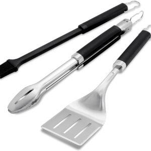 Weber Precision 3‑Piece Grilling Tool Set – Stainless Steel Tongs, Spatula & Silicone Basting Brush with Non‑Slip Handles and Hands‑Free Locking