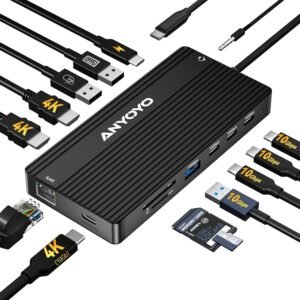 ANYOYO USB C Docking Station, 14 in 1 USB Hub for 3 Monitors, Dual 4K@60Hz HDMI & USB-C Video, 4xUSB-C(10Gbps),3X USB-A, Ethernet, SD/TF& 3.5mm Audio – Multiport Adapter for Lenovo/Dell/HP (Black)