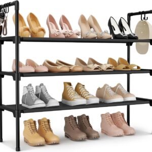 LANTEFUL 3 Tier Shoe Rack for Closet, Shoe Organizer with 5 Hooks, Long Shoe Shelf Storage for Sneaker and Boot Stackable Free Standing Shoe Rack for Entryway, Garage, Small Spaces, Dorm