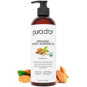 PURA D’OR ORGANIC Sweet Almond Oil (16 Oz) 100% Pure & Natural USDA Certified Cold Pressed Carrier Oil For DIY Beauty – Non-Greasy, Unscented, Hexane Free Moisturizer – For Hair & Skin | ORGANIC, 100% Pure, Natural, USDA Certified, Cold Pressed, Carrier Oil