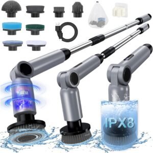Electric Spin Scrubber, [IPX8 Waterproof ] [50KG Torque] Shower Scrubber with 9 Brush Heads, 2 Speed Mode, 4 Adjustable Angles, Electric Brush for Cleaning for Bathroom Floor Tile (Gray)