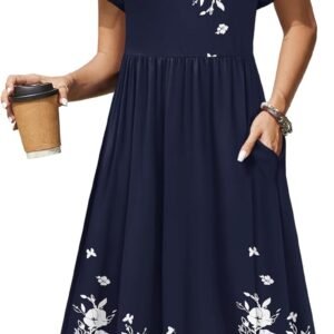 Zeagoo Women Summer Short Sleeve Midi Dress with Pockets Casual Aline Flowy Tshirt Dress Floral Vocation Beach Sundress