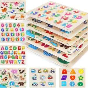 GRINNNIE Wooden Peg Puzzle for Toddlers, 6 Pack Toddler Puzzles Set for 3 4 5 Years Old (Alphabet Number Shape Animal Dinosaur Vehicle), Preschool Education Learning Puzzle Toys for Girls and Boys