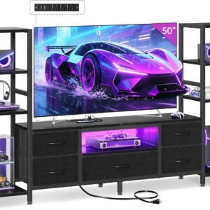 Casaottima TV Stand for 40/50/55 Inch TV, Low-Profile Entertainment Center with LED Lights & Power Outlets, TV Stand with Drawers & Open Shelves for Storage for Small Spaces/Living Room/Gaming, Black