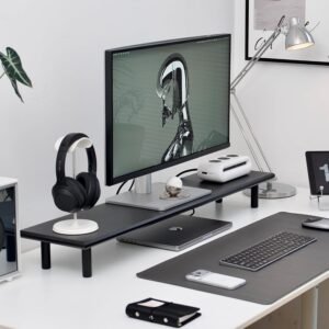 Bamboo Dual Monitor Stand Riser with Underneath Storage, Ergonomic Desk Shelf Supports PC Computer Monitor, Printer, TV for Home, Office, Black