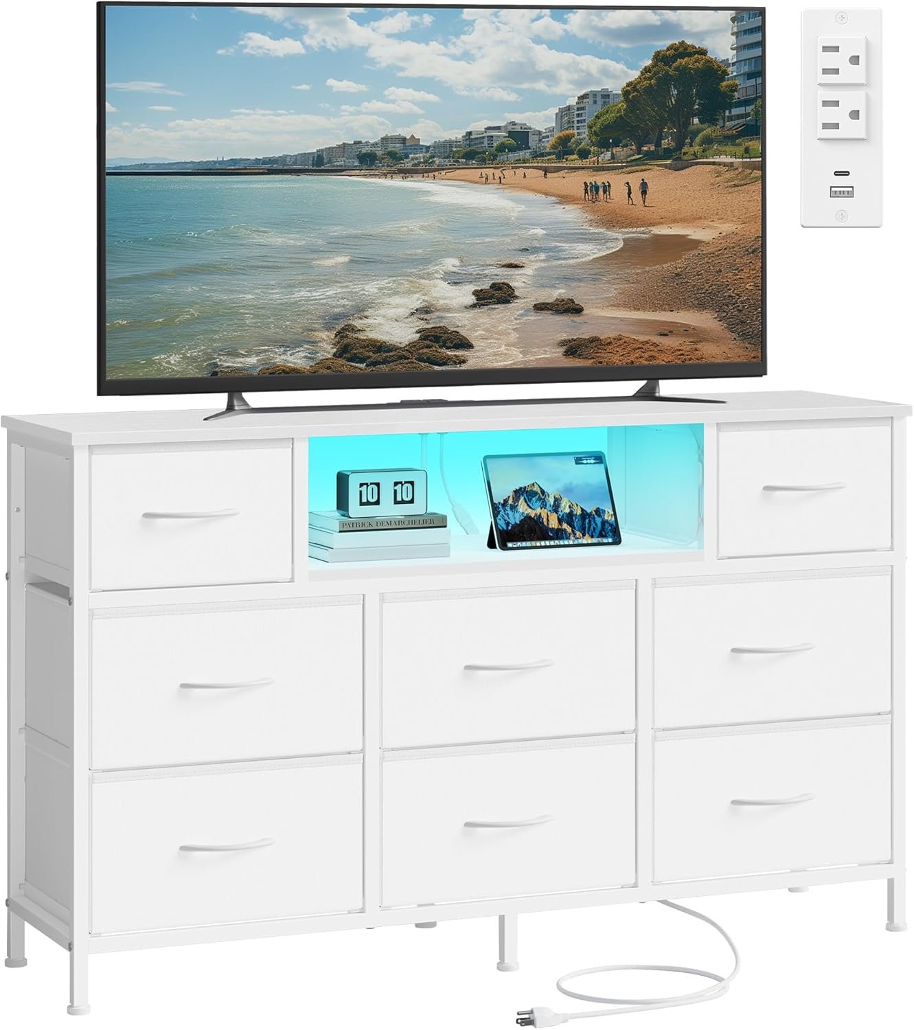SONGMICS BELLAH Collection – Dresser for Bedroom with Outlets and LED Lights, TV Stand for TVs Up to 55 Inches, Chest of Drawers, 8 Drawers, Steel, Modern, Cloud White ULGS433WH02S