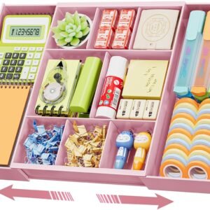 Marbrasse Expandable Desk Drawer Organizer, Clear Plastic Drawer Organizer Tray with 10 Adjustable Compartments, Desk Organizers and Accessories, 5 Drawer Dividers for Office Supplies, Makeup (Pink)