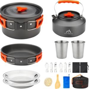 THTYBROS 17pcs Camping Cookware Kit, 0.45Gal Pot, 7inches Pan,0.30Gal Kettle Set with 2 Set Stainless Steel Cups Plates Forks Knives Spoons for Hiking