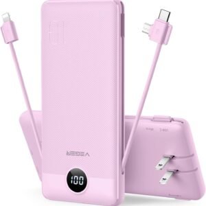 VEGER Portable Charger with Built-in AC Plug and Cables, All in One 10000mAh Ultra Slim Power Bank Travel Essentials, Fast Charging Battery Pack Compatible with iPhone, Samsung, Android (Purple)