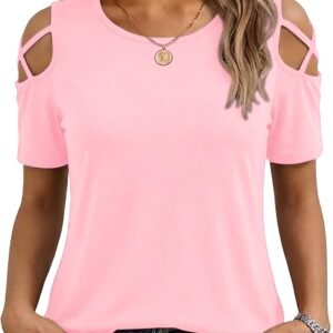 Jar of Love Women’s Short Sleeve Cold Shoudler Tops T-Shirts for Women Spring Summer Tops Loose Fit Tunic 2026