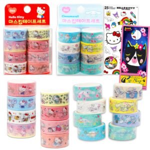 Sanrio Washi Masking Tape Variety Pack – Bundle with 16 Decorative Hello Kitty & Cinnamoroll Washi Tape Rolls for DIY Crafts, Scrapbooking, Journals, More Stationery