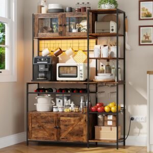 67 in Tall Bakers Rack with Power Outlet & LED Light, Coffee Bar Cabinet with 2 Cabinets, 47.2 in Kitchen Microwave Stand with Shelves Glass Holder and Wine Basket, Mesh Shelves Drainage net