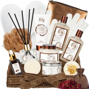 Mother’s Day Gift Basket for Mom, Spa Gift Basket for Women, Gifts for Women, Coconut Vanilla Bath and Body Spa Gifts for Women & Men, Spa Gift Set Designed for Fathers Day, Birthday, Christmas Gifts