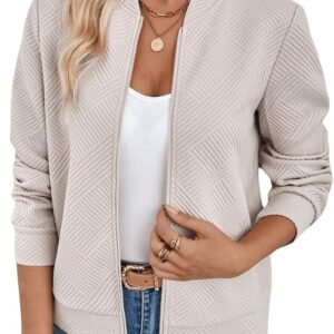 Verdusa Women’s Zip Up Bomber Jacket Casual Long Sleeve Textured Lightweight Coat Business Casual Outfits Spring Fall Clothes