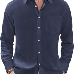 J.VER Men’s Linen Shirts Casual Button Down Long Sleeve Shirt Solid Spread Collar Summer Beach Shirts with Pocket