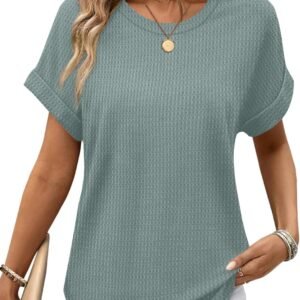 Sampeel Summer Tops for Women 2026 Trendy Rolled Short Sleeve Shirts Waffle Knit Crew Neck Tops Curved Hem Fashion Clothing