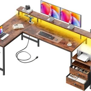 66” L Shaped Desk with Power Outlets and USB-C Port, Reversible Office Desk with drawers and Storage Shelves, Computer desk with Led Lights and Host stand for Home Office, Gaming, Work, Rustic Brown