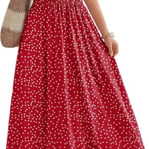 OFEEFAN Maxi Dresses for Women V Neck Ladies Midi Long Dress A Line Smocked Waisted Casual Summer Spring Clothes Boho Beach