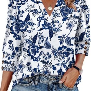 WIHOLL 3/4 Length Sleeve Womens Tops with Button Cuffs Dressy Casual V Neck Summer Outfits Early Fall Fashion Spring Clothes