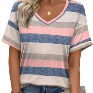 Zeagoo Womens Summer Tops Short Sleeve Casual Shirts Floral Tee Trendy 2026 Basics V Neck Plain Tshirt