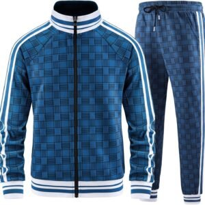Men Tracksuits Full-zip Long Sleeve Plaid Track Jackets and Pants 2 Piece