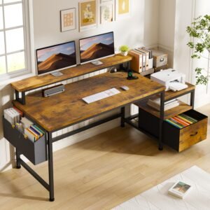 EnHomee 56.5″ Office Desk with Drawers and Printer Space,Computer Desk with Power Outlets,Home Office Desks with File Drawers Cabinet,Study and Gaming Desk with Shelves Monitor Stand,Rustic Brown