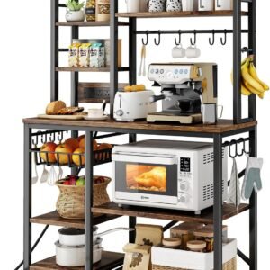 SNTD Baker Rack with Power Outlet – Microwave Stand with Storage, Large Coffee Bar Station with 14 Hooks, Metal Kitchen Shelf Rack for Spices, Pots (Rustic Brown) | with Power Outlet, with Storage, with 14 Hooks, for Spices, for Pots