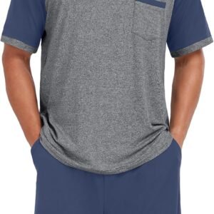 Mens Pajamas Set Lightweight Summer Pjs Sleepwear Soft Comfy Short Sleeve Loungewear With Pocket (S-4X)