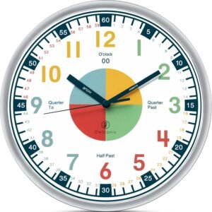 OWLCONIC Clock for Kids – Educational Analog Learning Wall Clock, Non Ticking Teaching Clock for Classroom & Homeschool, Silent Kids Bedroom Décor Multicolor