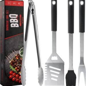 Griddle Accessories Kit – Grilling Accessories, Stainless Steel Heavy Duty Grill Tools Set with Spatula, Fork, Tongs, Brush and Gift-Box for Outdoor Barbecue, Home Grill (4PCS)
