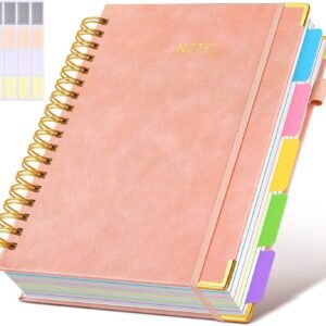 Hardcover Spiral Notebook Journal with Removable Dividers Tabs, 300 Pages Leather 5 Subject Notebook College Ruled, 8″x10″ Large B5 Notebooks for Work School Note taking, Lined Journal for Women, Pink