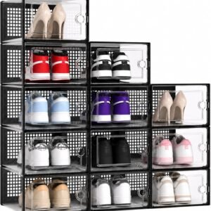 Kuject X-Large Shoe Storage Boxes Organizers Clear Plastic Stackable 12 Pack, Shoe Rack & Holder Substitute, Sneaker Containers, Toy Storage Organizer Bins for Entryway, Closet, Under Bed, Black