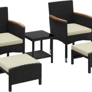 Yaheetech 5 Piece Patio Conversation Set, Outdoor Wicker Bistro Furniture, PE Wicker Outdoor Rattan Chairs Set with Coffee Table for Porch, Poolside, Lawn, Garden, Balcony