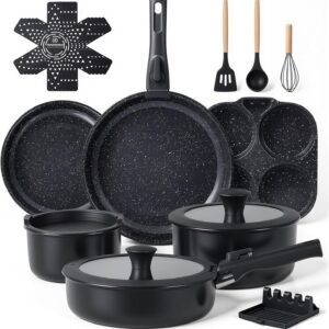 Ammeloo 21-Piece Ceramic Pots and Pans Set Non Stick with Detachable Handles and Egg Frying Pan, Non-Toxic Cookware, Induction Ready, Oven Safe, Stackable for Storage, Black Speckled