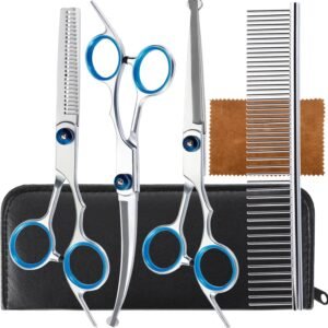 5 in 1 Premium Dog Grooming Scissors, Professional Dog Scissors for Grooming with Safety Round Tips, Lengnoyp Stainless Steel Thinning Shears, Pet Cat Shears for Grooming Kit