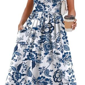 OFEEFAN Summer Dresses for Women Flowy Casual A-Line Midi Dress Beach Vacation Sundresses with Pockets S-2XL