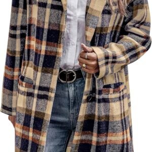 PRETTYGARDEN Women Plaid Shacket Jacket Trendy Fall Casual Button Wool Blend Tartan Trench Coat Winter Clothing with Pockets