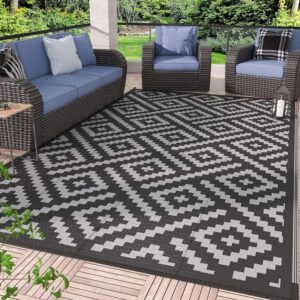 GENIMO Outdoor Rug for Patio Clearance,5’x8′ Waterproof Mat,Reversible Plastic Camping Rugs,Rv,Porch,Deck,Camper,Balcony,Backyard,Black & Gray