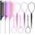Luumxai 9pcs Topsy Hair Tail Tool and rat tail comb set,6pcs French Braiding Tool ring,3Pcs Metal Parting Combs,Woman Girl Hair Styling (Pink,Purple, Black)