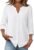 Zeagoo Button Down Shirts for Women 3/4 Sleeve Linen Cotton V Neck Tops Dressy Casual Loose Work Blouses