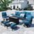 Sophia & William Patio Furniture Sets with 45″ Gas Fire Pit Table for 7 Outdoor Conversation Sets 6 Pcs, 2 x Swivel Cushioned Sofa Chairs, 1×3-Seat Sofa, 2xOttomans for Backyard Poolside Peacock Blue