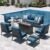 Sophia & William Patio Furniture Sets for 9 with 45″ Gas Fire Pit Table Outdoor Conversation Sets, 2xSofa Chairs, 2xSwivel Cushion Chairs, 1×3-Seat Sofa, 2xOttomans for Porch Poolside Peacock Blue